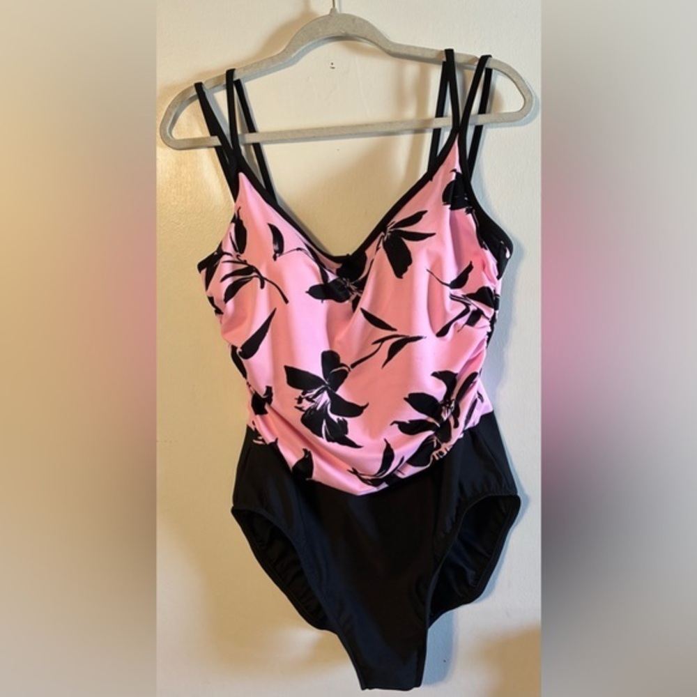 Trimshaper Pink & Black Floral One-Piece Ruched Slimming Swimsuit Plus Size 16